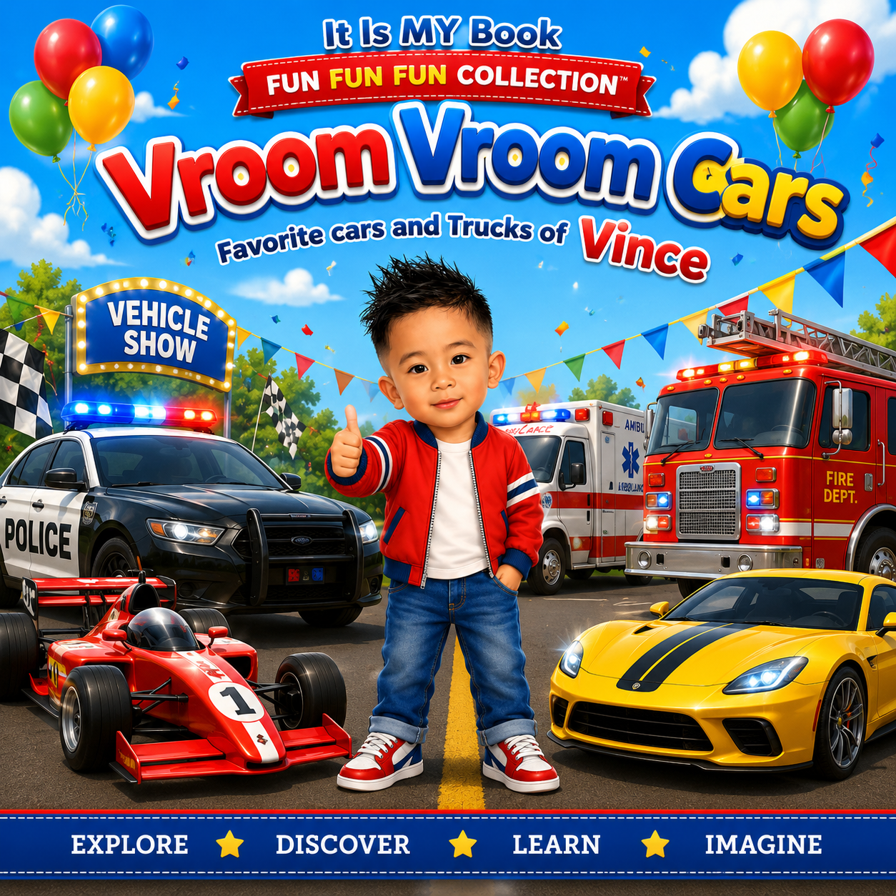 Children's book cover titled 'Vroom Vroom Cars: Favorite cars and Trucks of Vince' featuring a young boy in a red jacket and jeans standing in front of various vehicles including a police car, fire truck, ambulance, race car, and sports car.