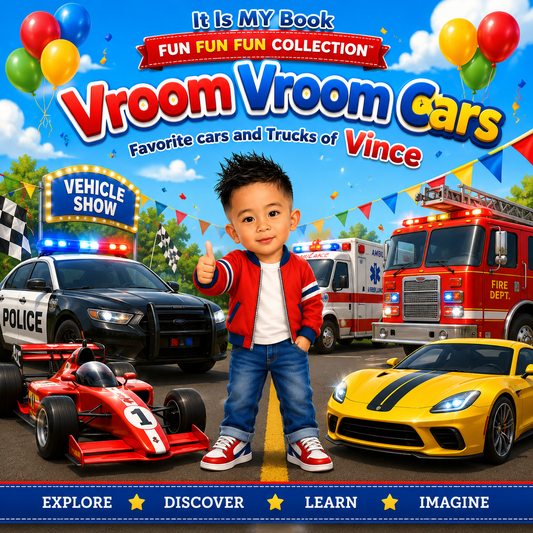 Children's book cover titled 'Vroom Vroom Cars: Favorite cars and Trucks of Vince' featuring a young boy in a red jacket and jeans standing in front of various vehicles including a police car, fire truck, ambulance, race car, and sports car.