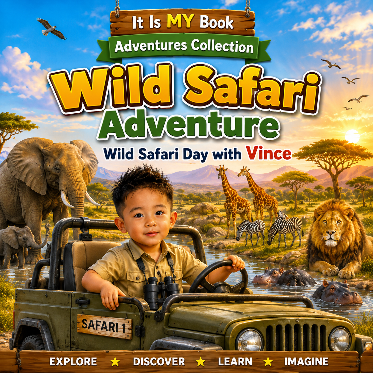 Children's book cover titled 'Wild Safari Adventure' from the 'It Is My Book Adventures Collection'. The cover features a young boy driving an olive green safari jeep, surrounded by a vibrant safari scene with an elephant, giraffes, zebras, a lion, and a sunset.