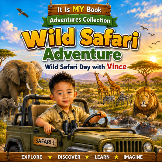 Children's book cover titled 'Wild Safari Adventure' from the 'It Is My Book Adventures Collection'. The cover features a young boy driving an olive green safari jeep, surrounded by a vibrant safari scene with an elephant, giraffes, zebras, a lion, and a sunset.